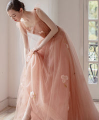 Pink V Neck Tulle Long Prom Dress Outfits For Girls, Tulle Pink Evening Dress