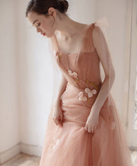 Pink V Neck Tulle Long Prom Dress Outfits For Girls, Tulle Pink Evening Dress