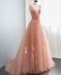 Pink V Neck Tulle Long Prom Dress Outfits For Girls, Tulle Pink Evening Dress