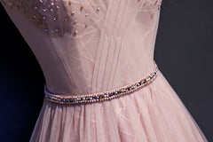 Pink V-neckline Beaded Tulle Prom Dress Outfits For Women , Party Gown