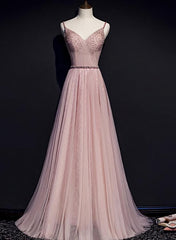 Pink V-neckline Beaded Tulle Prom Dress Outfits For Women , Party Gown
