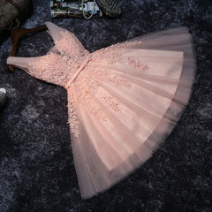 Pink V-neckline Tulle Knee Length Party Dress Outfits For Girls, Lovely Tulle Formal Dress