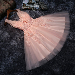 Pink V-neckline Tulle Knee Length Party Dress Outfits For Girls, Lovely Tulle Formal Dress