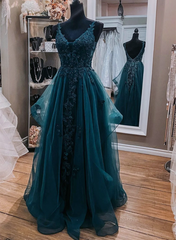 Teal Blue Tulle V-Neckline Long Party Dress Outfits For Women With Lace, Teal Blue Long Prom Dress
