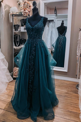 Teal Blue Tulle V-Neckline Long Party Dress Outfits For Women With Lace, Teal Blue Long Prom Dress