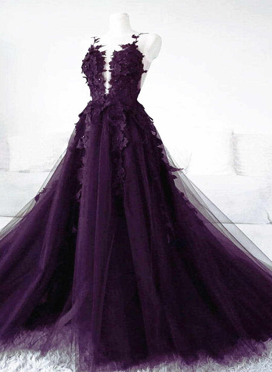 Dark Purple Tulle With Lace Applique Long Wedding Party Dress Outfits For Girls, Purple Formal Dress