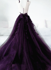 Dark Purple Tulle With Lace Applique Long Wedding Party Dress Outfits For Girls, Purple Formal Dress