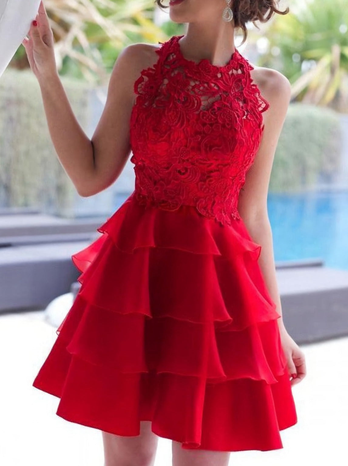 Red A Line Scoop Neck Lace Chiffon Short Mini Tiered Red Prom Dresses