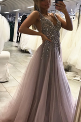 Sexy Side Split Sleeveless Tulle Long Beading A Line Prom Dresses