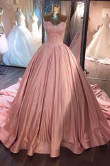 Pink Sweetheart Lace Long Sweet 16 Prom Dresses