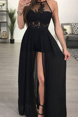 A Line Halter See Through Black Chiffon Sexy Long Black Prom Dresses