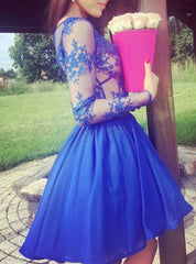 Fashion A Line V Neck Long Sleeves Royal Blue Short With Lace Hd017 Prom Dresses