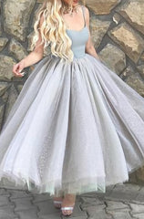 Simple A Line Spaghetti Straps Gray Tulle Short Prom Dresses