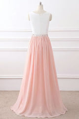 Chic A Line Chiffon Pink Beading Long Sleeveless Prom Dresses