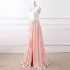 Chic A Line Chiffon Pink Beading Long Sleeveless Prom Dresses