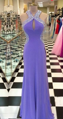 Beaded A-line Lavender Purple Halter Neck Backless Long Evening Dresses