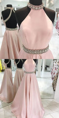 Unique Prom Dress, Pink A Line Long Prom Dress, Backless Pink Evening Dresses
