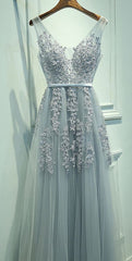 A Line V Neck Tulle Sleeveless Prom Dress, Gray Prom Dresses With Lace V Neck Homecoming Dress, Prom Dress, Prom Dress