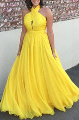 A Line Yellow Halter Long Simple Cheap Prom Dresses