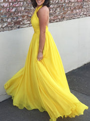 A Line Yellow Halter Long Simple Cheap Prom Dresses