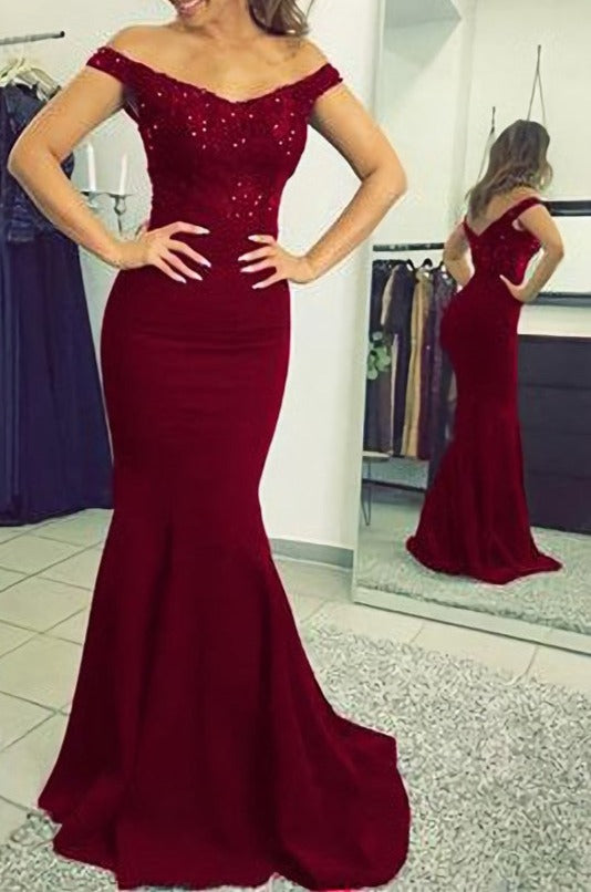 Burgundy Elegant V Neck Long Mermaid Beaded Prom Dresses