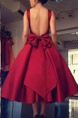 Cheap Burgundy Tea Length A Line Backless Hd55 Prom Dresses