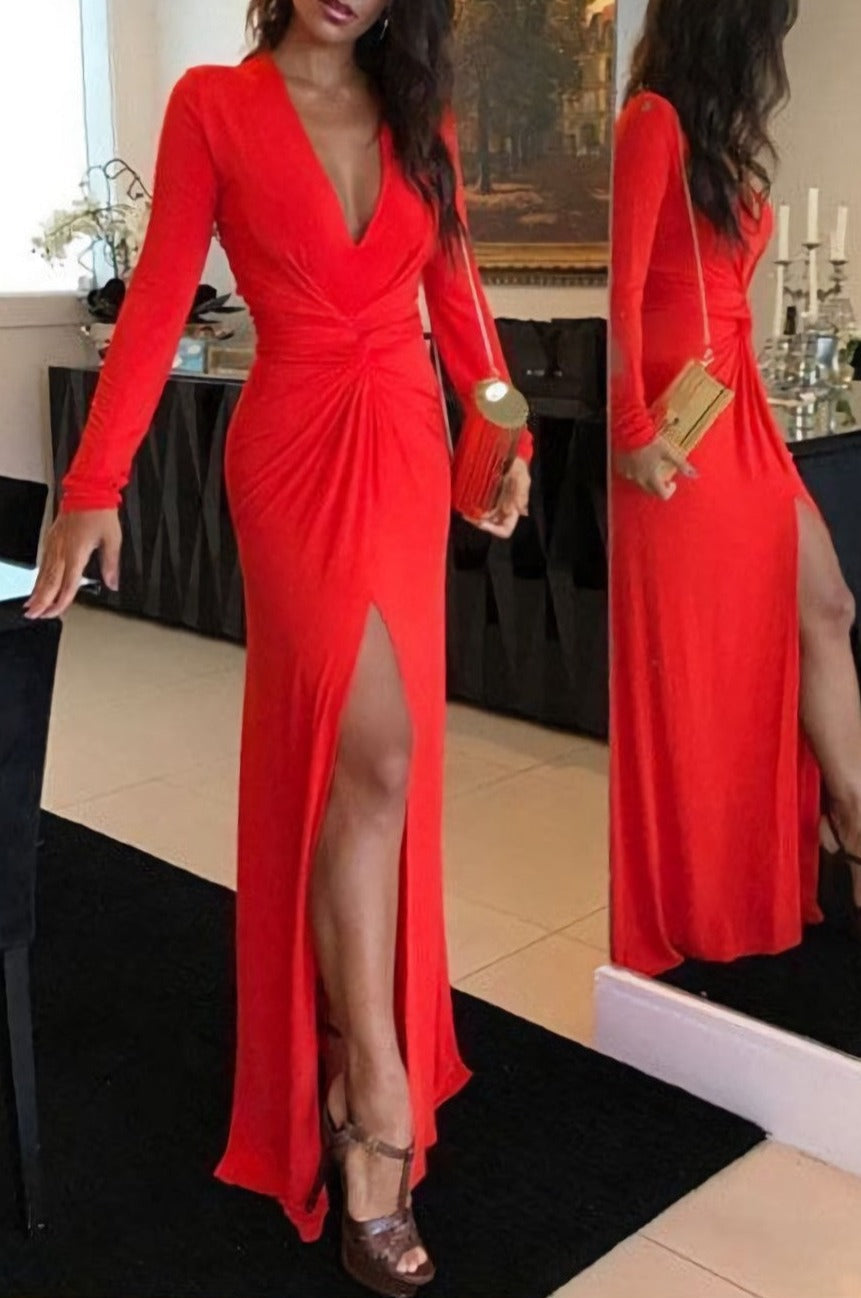 Long Red Long Sleeves V Neck Prom Dresses