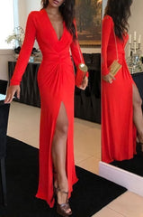 Long Red Long Sleeves V Neck Prom Dresses