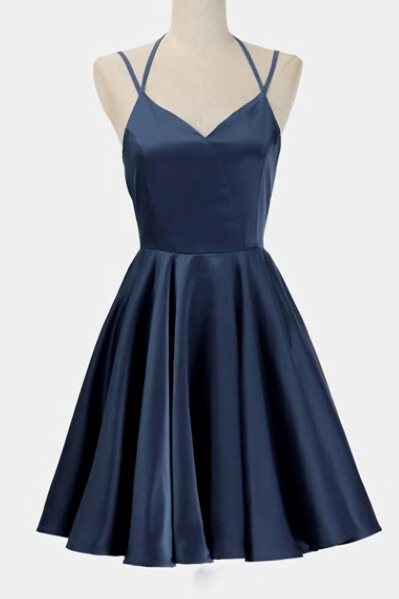 A Line Dark Blue Satin V Neck Short Sleeveless Backless Dc302 Prom Dresses