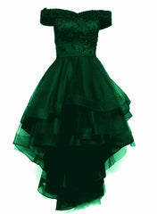 Green Tulle Cute High Low Off Shoulder Prom Dresses