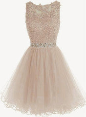 Charming Light Champagne Short Lace Beaded Party Dress, Tulle Homecoming Dress, Formal Dress