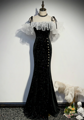 Black Mermaid Sequins Spaghetti Straps Pearls Prom Dresses