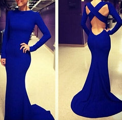 Top Selling Long Sleeves Open Back Royal Blue Mermaid High Neck Trumpet Spandex Long Sexy Court Train White Prom Dresses