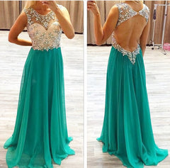 See Through Open Back Green Chiffon Beaded Long A Line Backless Sexy Women Prom Dresses