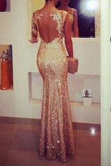 One Shoulder Long Sleeves Champagne Sequin Mermaid See Through Back V Neck Lace Long Sexy Fashion Women Prom Dresses