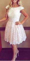 White Lace Backless Cap Sleeves Pearls Short Open Back High Neck Short 2023 Prom Dresses