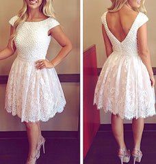 White Lace Backless Cap Sleeves Pearls Short Open Back High Neck Short 2023 Prom Dresses
