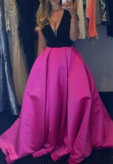 Black And Hot Pink Satin Cheap Deep V Neck Sexy Elegant Long Woman A Line Floor Length Prom Dresses