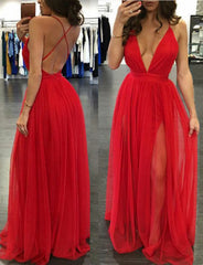 Backless Red Long Spaghetti Straps Deep V Neck Open Back Simple Cheap Prom Dresses