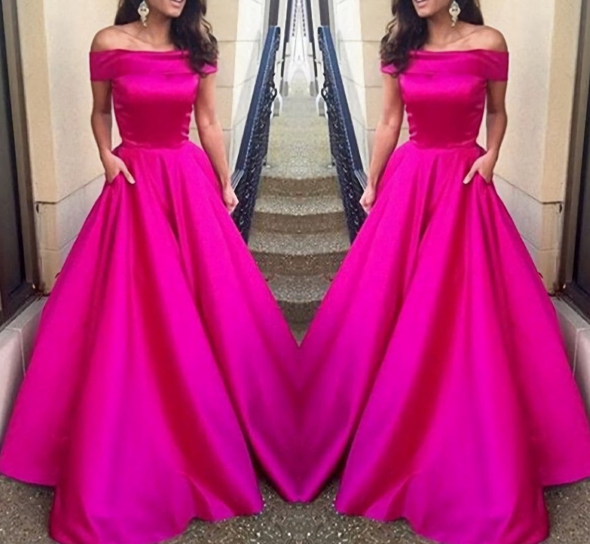 Simple Hot Pink Hot Sales Off The Shoulder Sexy Cheap Long With Pocket Communication Prom Dresses