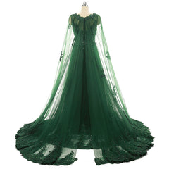 Elegant Women Beaded Lace With Long Appliques Tulle Cape Emerald Green Evening Dresses