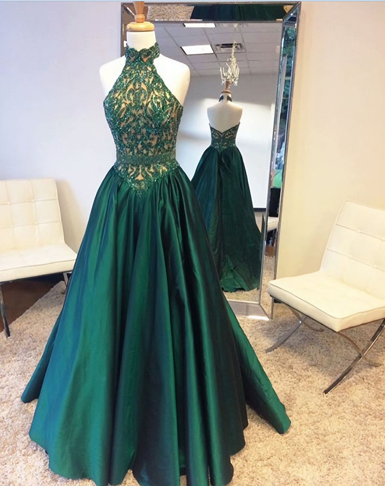 Green Halter Beading Lace A Line For Teens Elegant Backless Fashion 2023 Women Prom Dresses