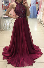 Burgundy Chiffon Long Halter Beading Elegant Burgundy A Line Prom Dresses