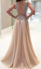 A Line V Neck Nude Tulle With Slit Sexy Shinny Rhinestone Long Prom Dresses