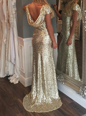 Luxurious Gold Sequins Cap Sleeves Long With Train Sexy Woman Bling Prom Dresses