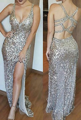 Luxurious Mermaid Long Slit Deep V Neck Beading Silver Sequins Sexy Prom Dresses