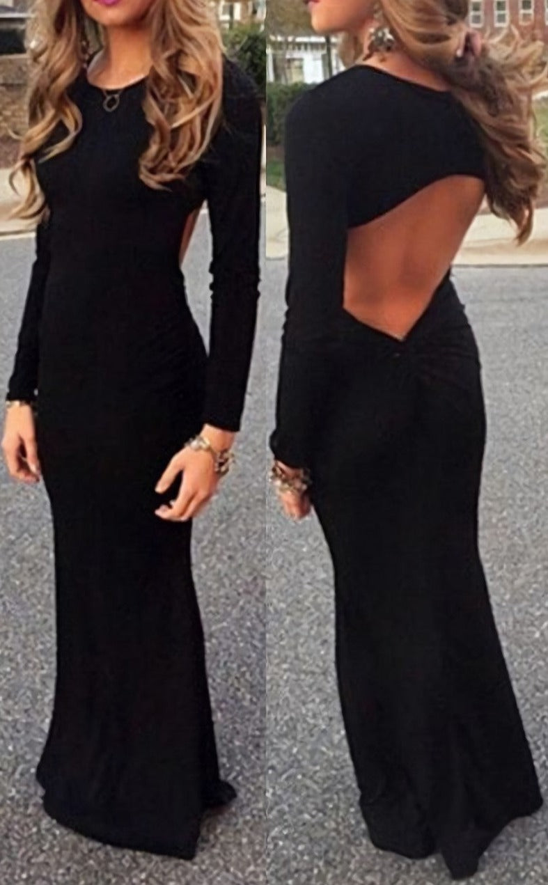 Charming Black Backless Long Sexy Women Black Long Sleeves Prom Dresses