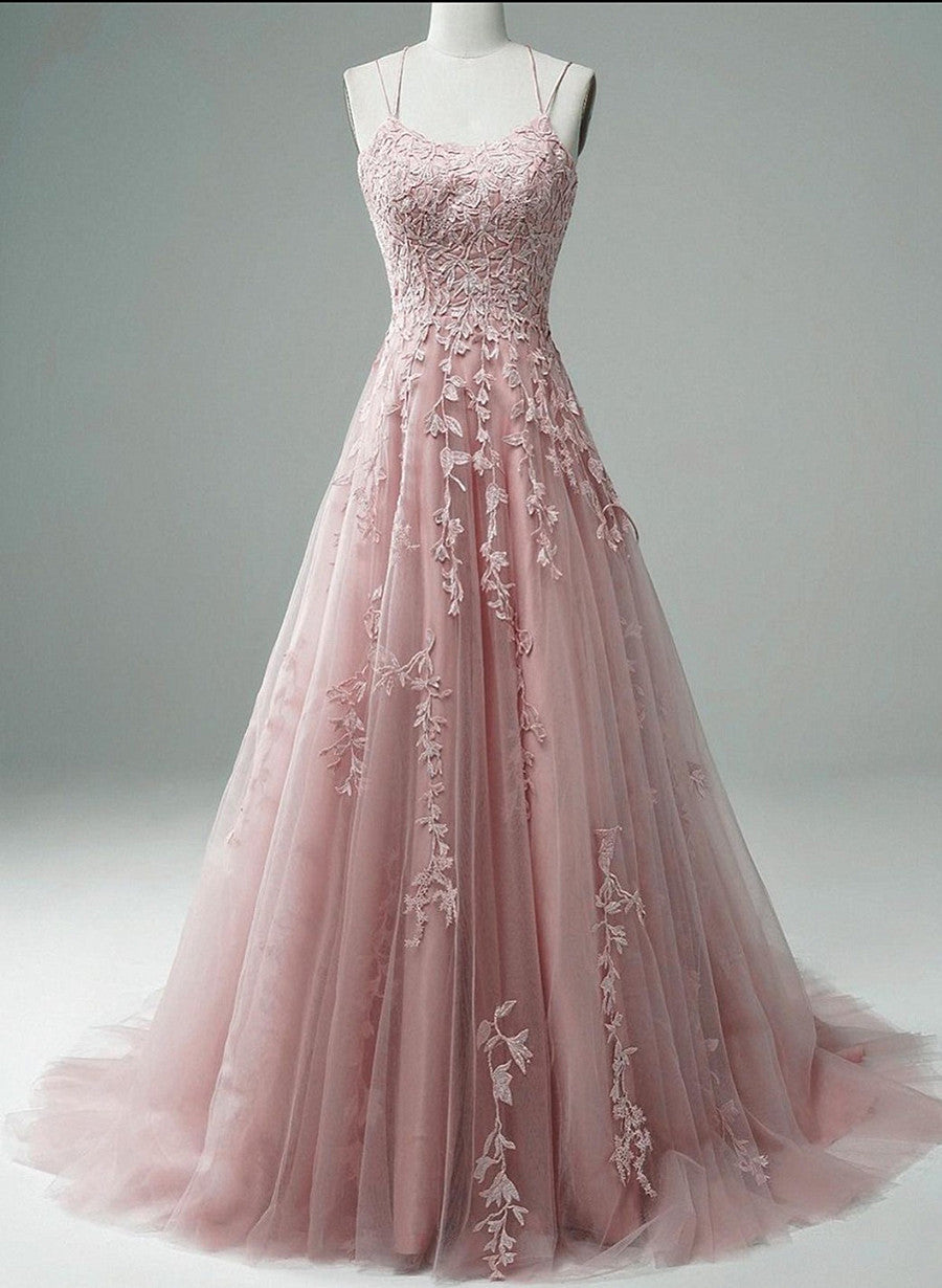 Pink Scoop Tulle Straps With Lace Long Prom Dress Outfits For Girls, Pink A-Line Formal Dress