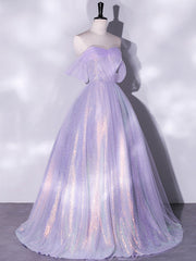 Purple A-Line Tulle Sequin Long Prom Dress Outfits For Girls, Purple Sequin Long Formal Dress