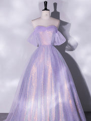 Purple A-Line Tulle Sequin Long Prom Dress Outfits For Girls, Purple Sequin Long Formal Dress